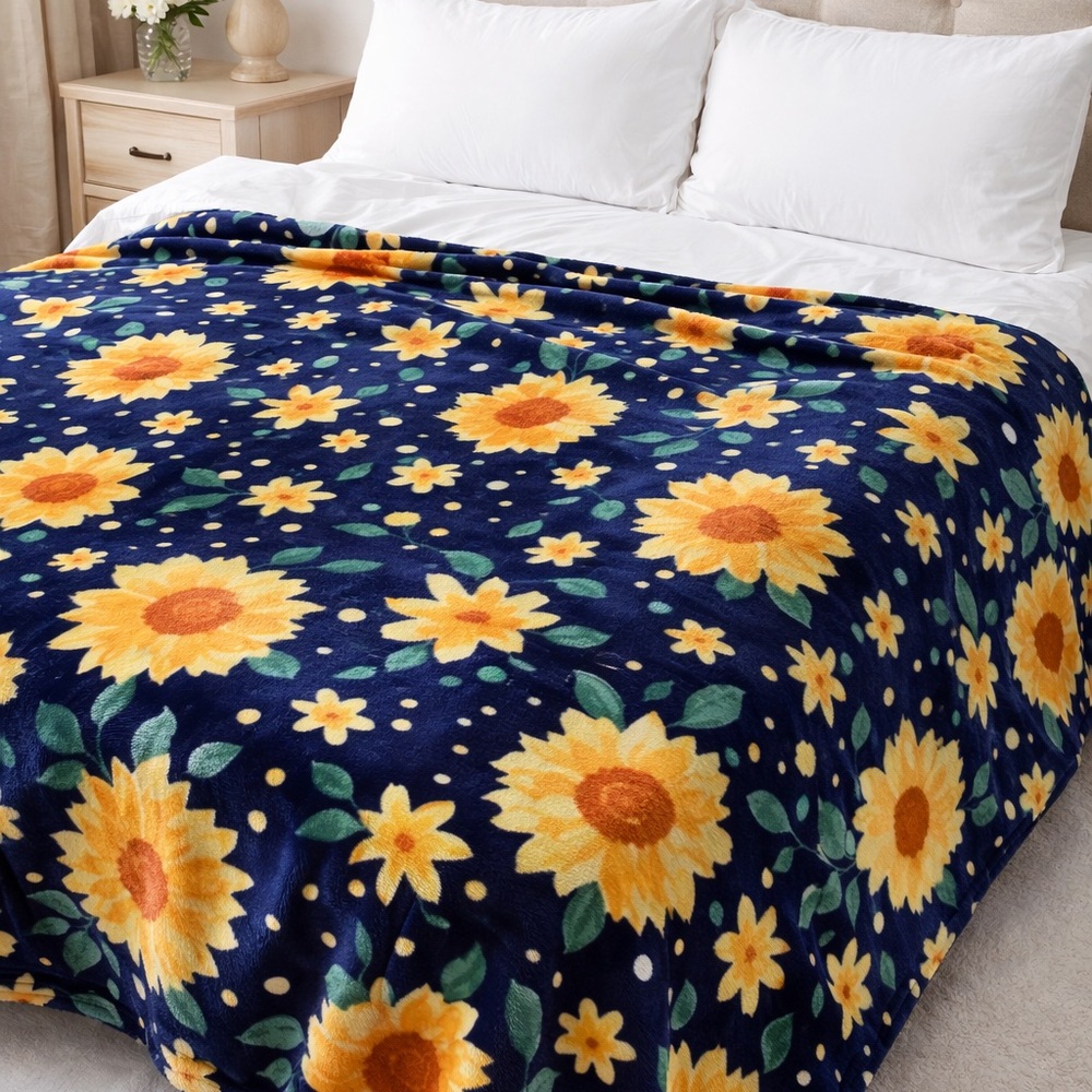 🌻Deborah Connolly Sunflower Plush Throw Blanket | Navy Floral Cozy Soft Blanket